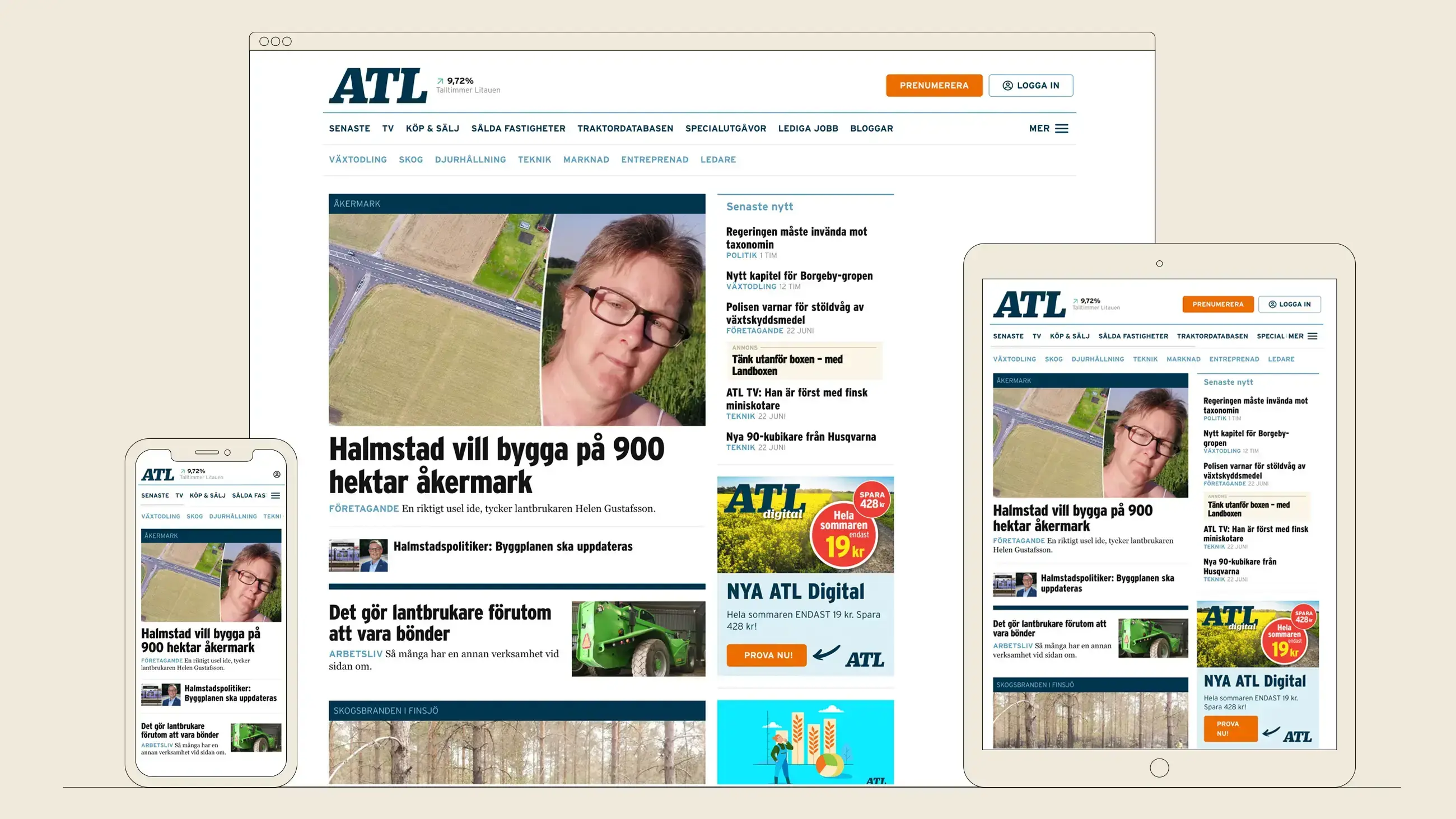 ATL:s nya webbplats i en smartphone, tablet och dator