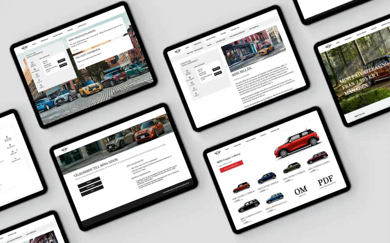 Flera iPads med Minis kundportal på skärmarna