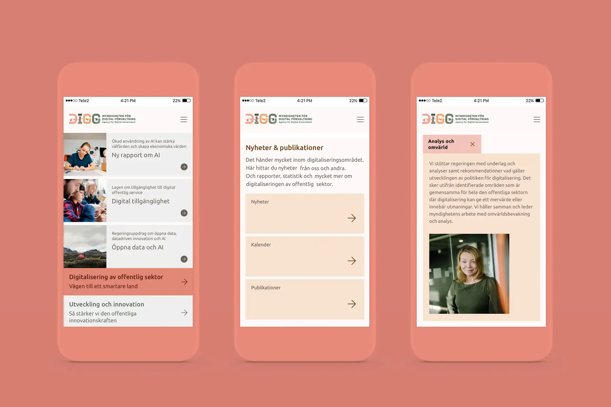 Tre olika mobilvyer som visar DIGGs nya webbplats