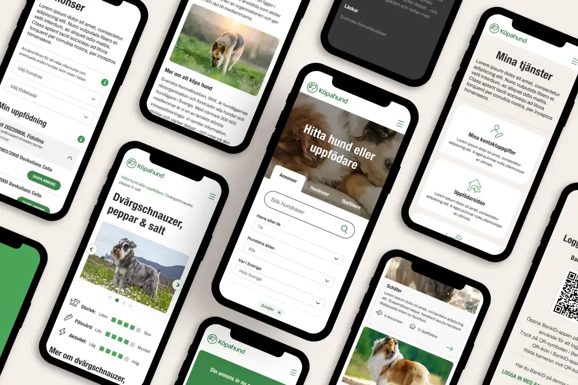 Ett kollage med mobiltelefoner som visar olika vyer från nya Köpahund.se