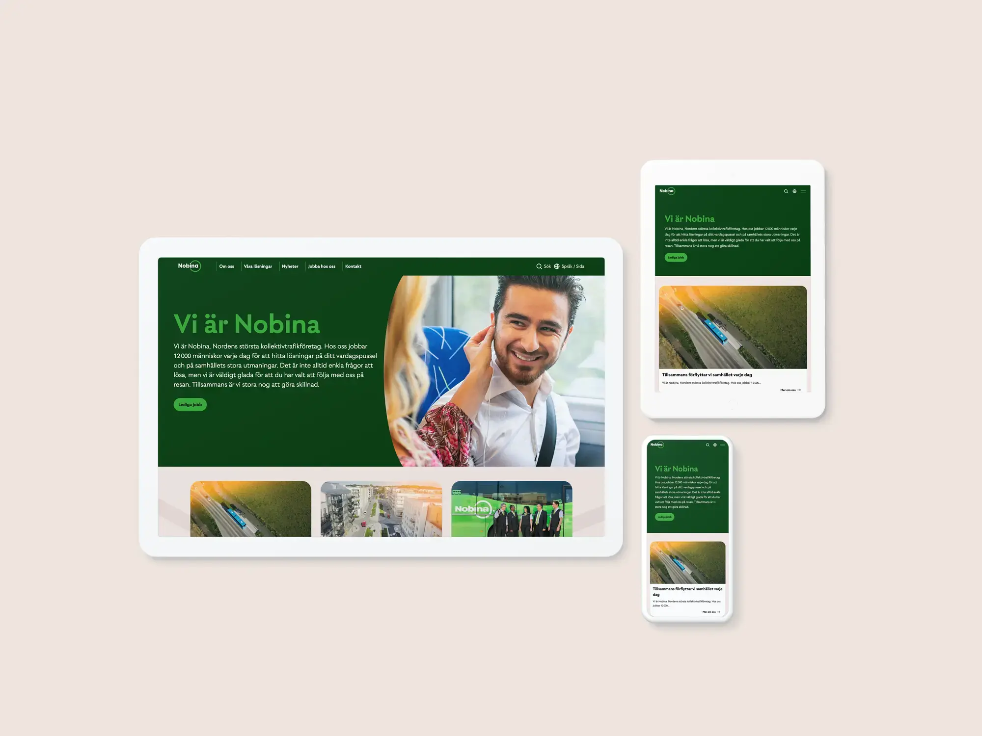 Startsidan på Nobinas webbplats i olika vyer för desktop, tablet och mobil.
