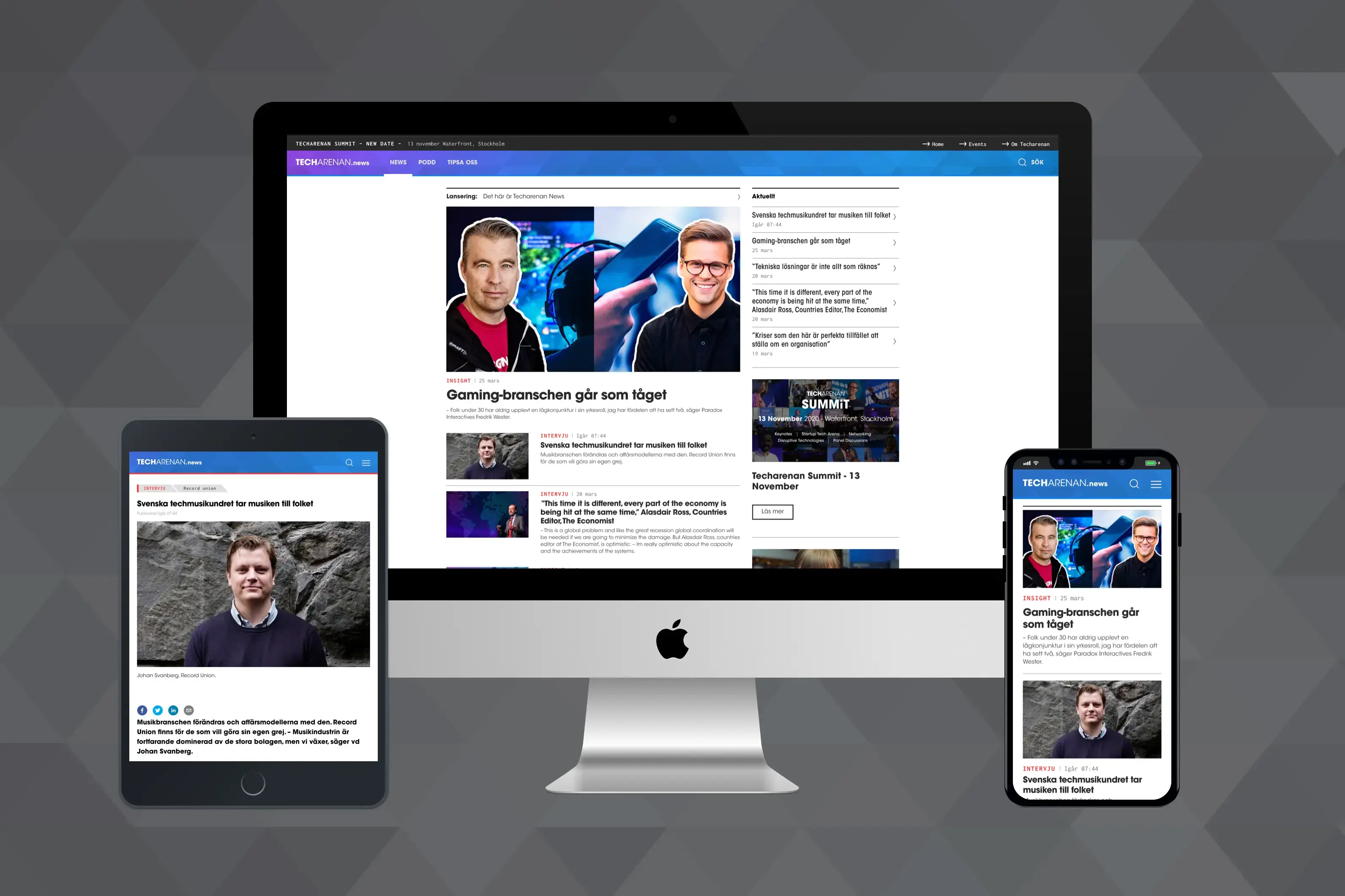 Vyer från Techarenans nya webbplats på dator, tablet och mobil