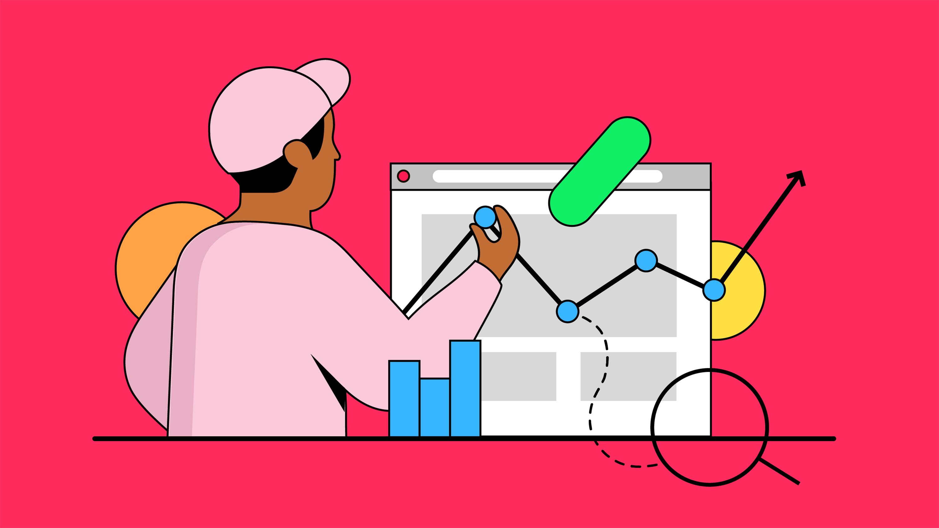 Illustration med analytiker som tittar på grafer och dashboards