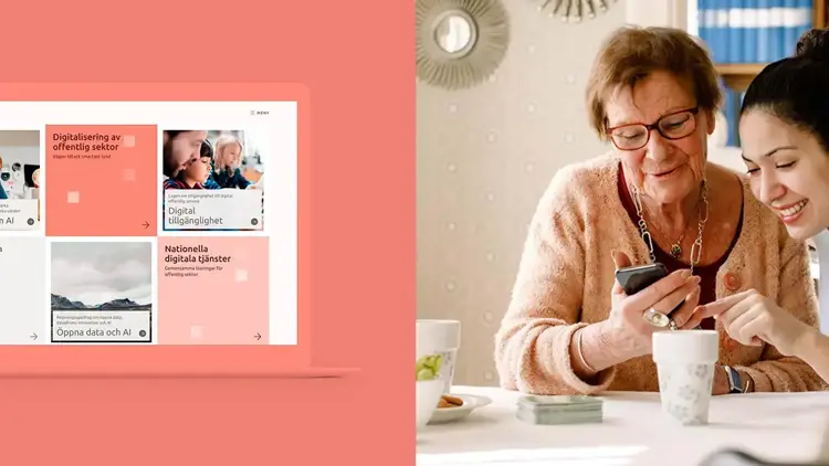 två kvinnor tittar på diggs nya webbplats tillsammans och bredvid visas en bildyta med den på desktop