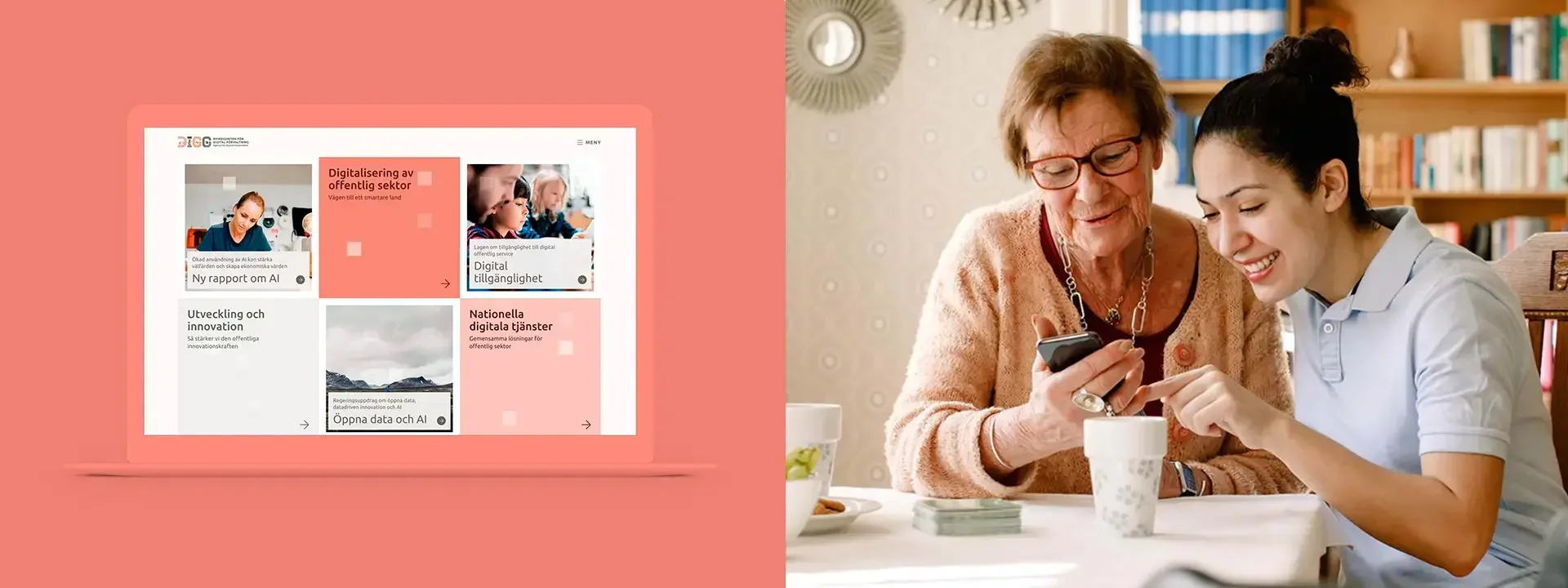 två kvinnor tittar på diggs nya webbplats tillsammans och bredvid visas en bildyta med den på desktop