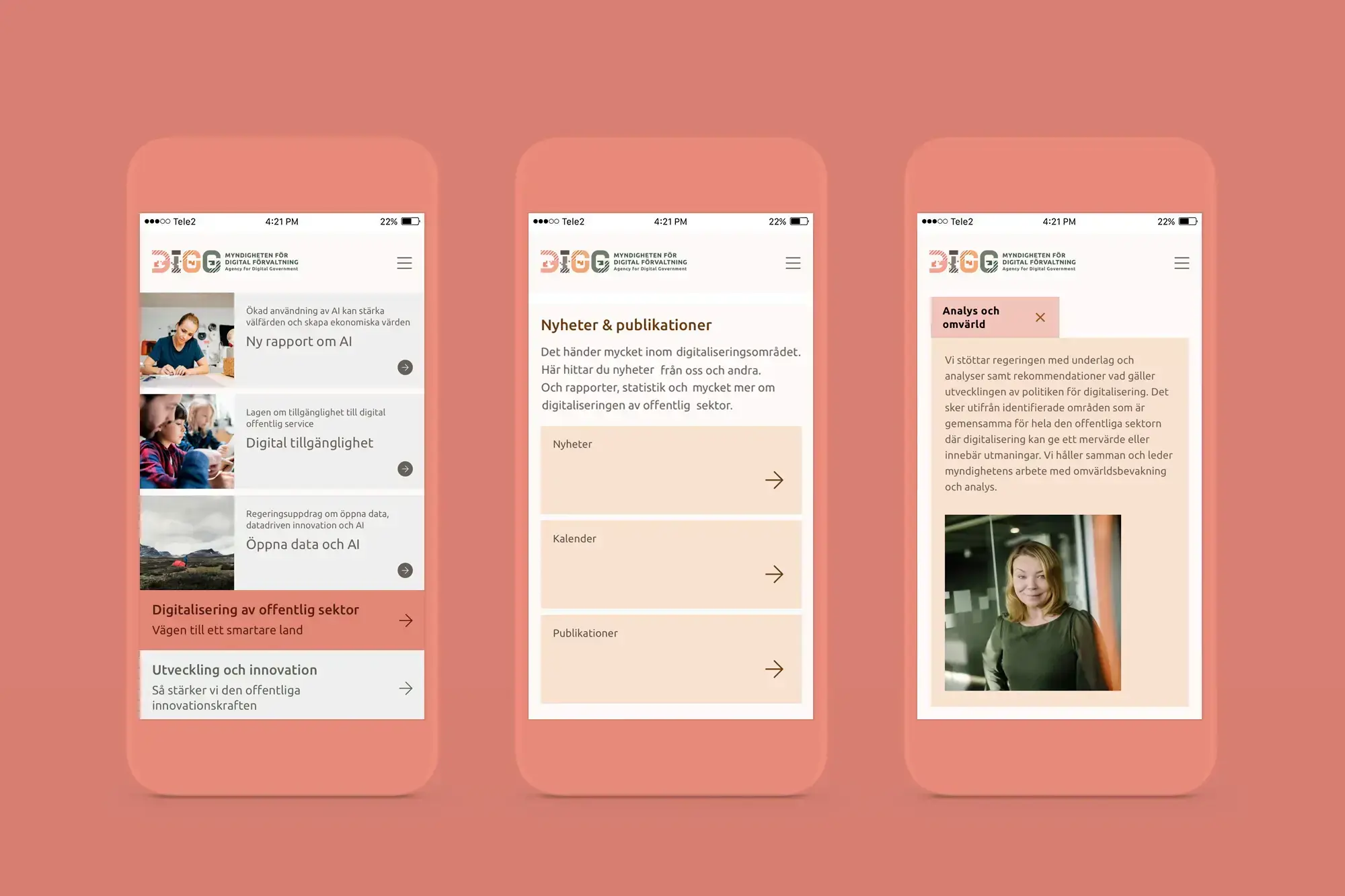 tre mobilvyer av diggs webbplats